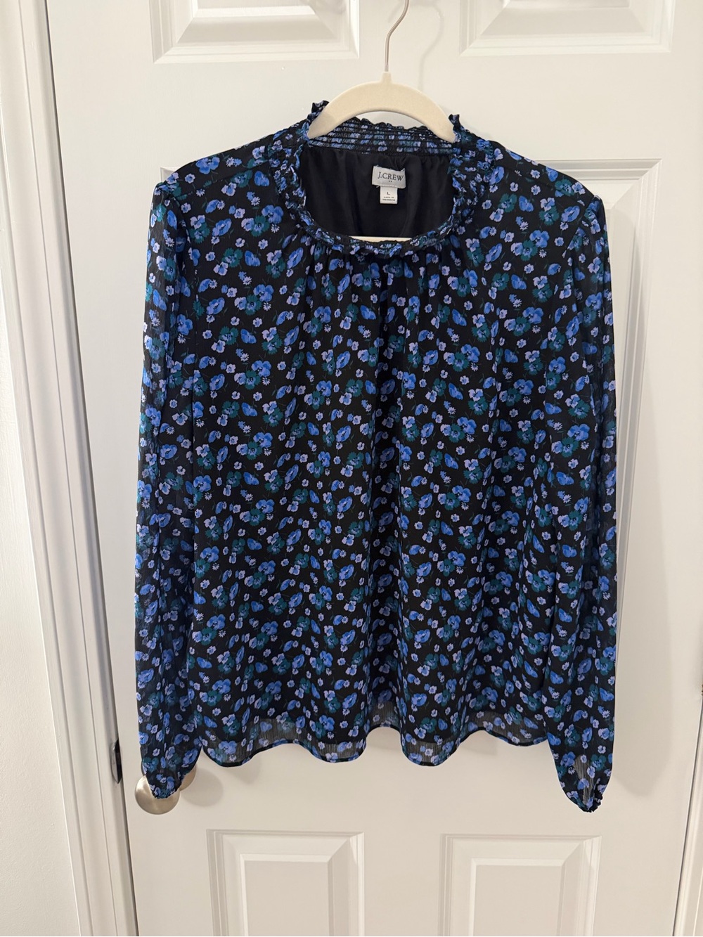 J. Crew Black & Blue Floral Blouse with Ruffle Neck